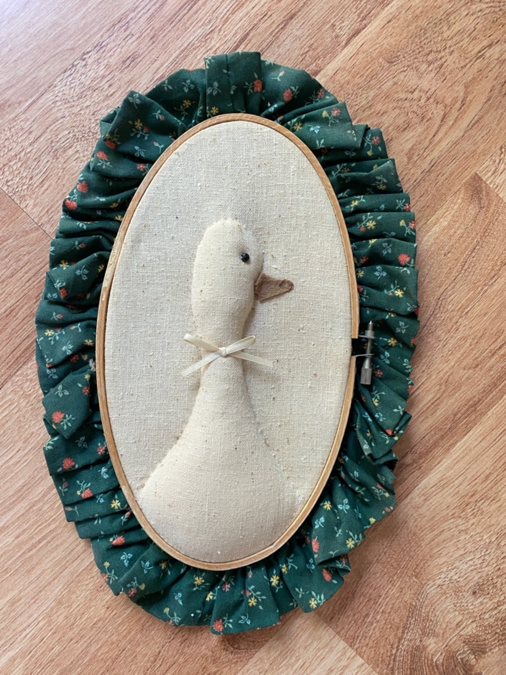 Handmade vintage Goose Wall Hoop with Green Floral Ruffle
